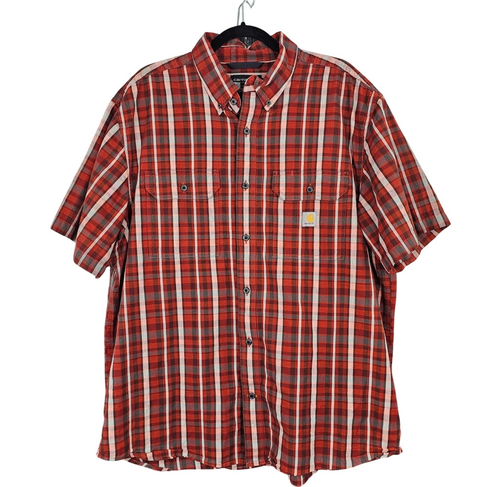 Carhartt Men's Loose Fit Short Sleeve Plaid Button Down Shirt Red Orange XL